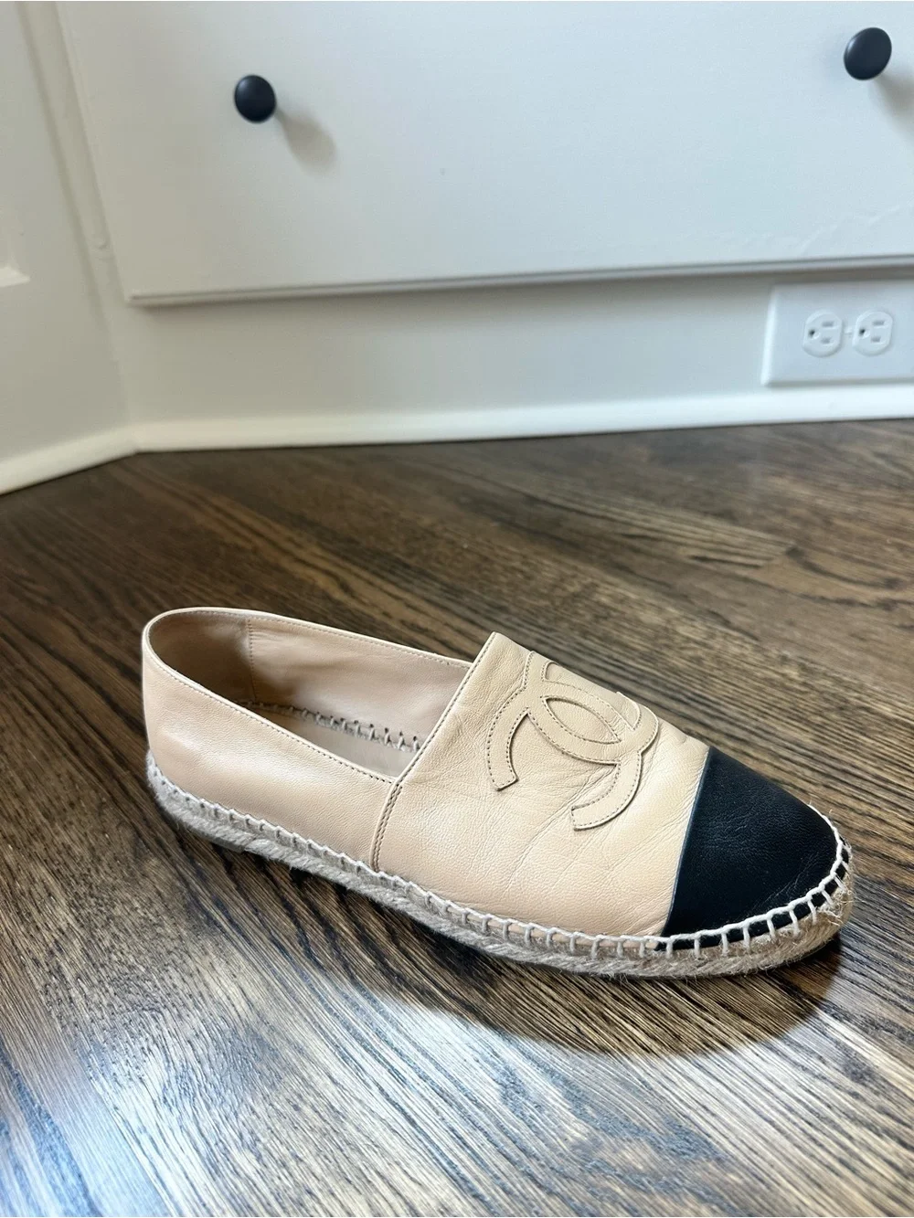 CHANEL Beige and Black Leather Espadrille Flats, size 39